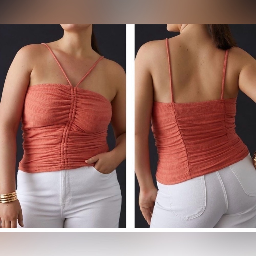 Anthropologie Rust Orange Ruched Spaghetti-Strap Tank Top